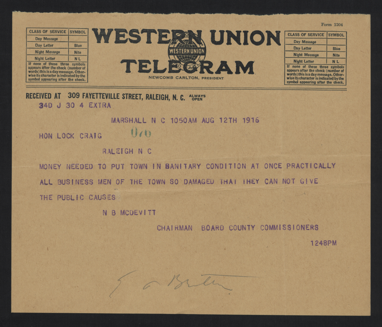 Telegram from McDevitt to Craig, August 12, 1916