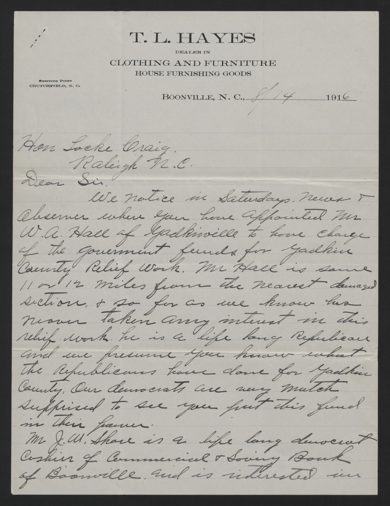 Letter from the Boonville Flood Relief Committee to Locke Craig, August 14, 1916, page 1