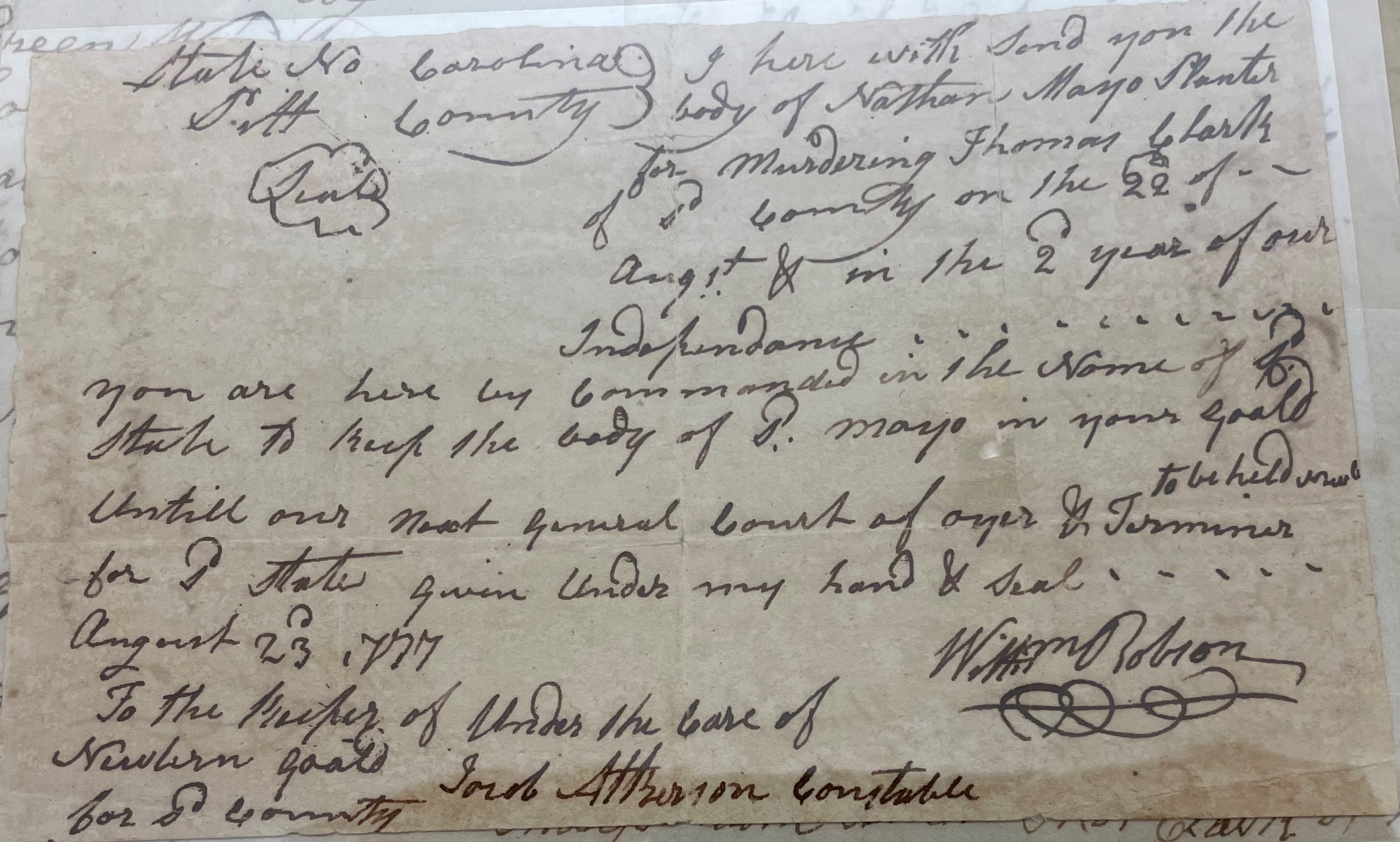 Warrant from William Robson for Nathan Mayo, 23 August 1777, page 1