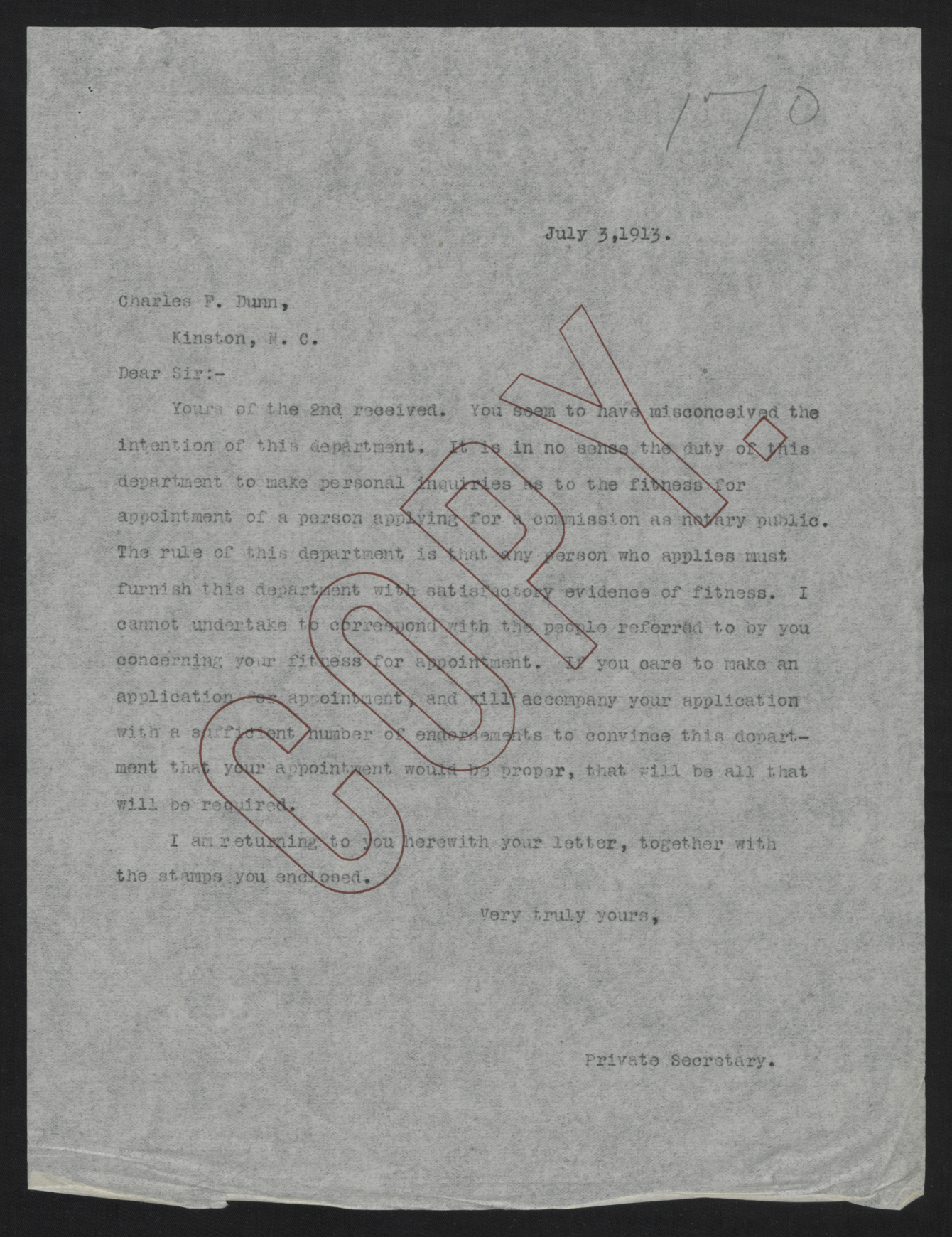 Letter from Kerr to Dunn, July 3, 1913