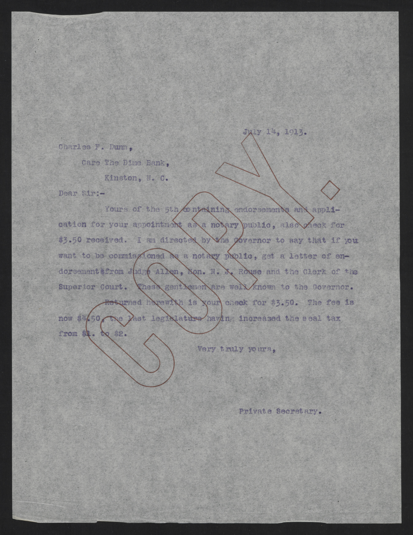 Letter from Kerr to Dunn, July 14, 1913