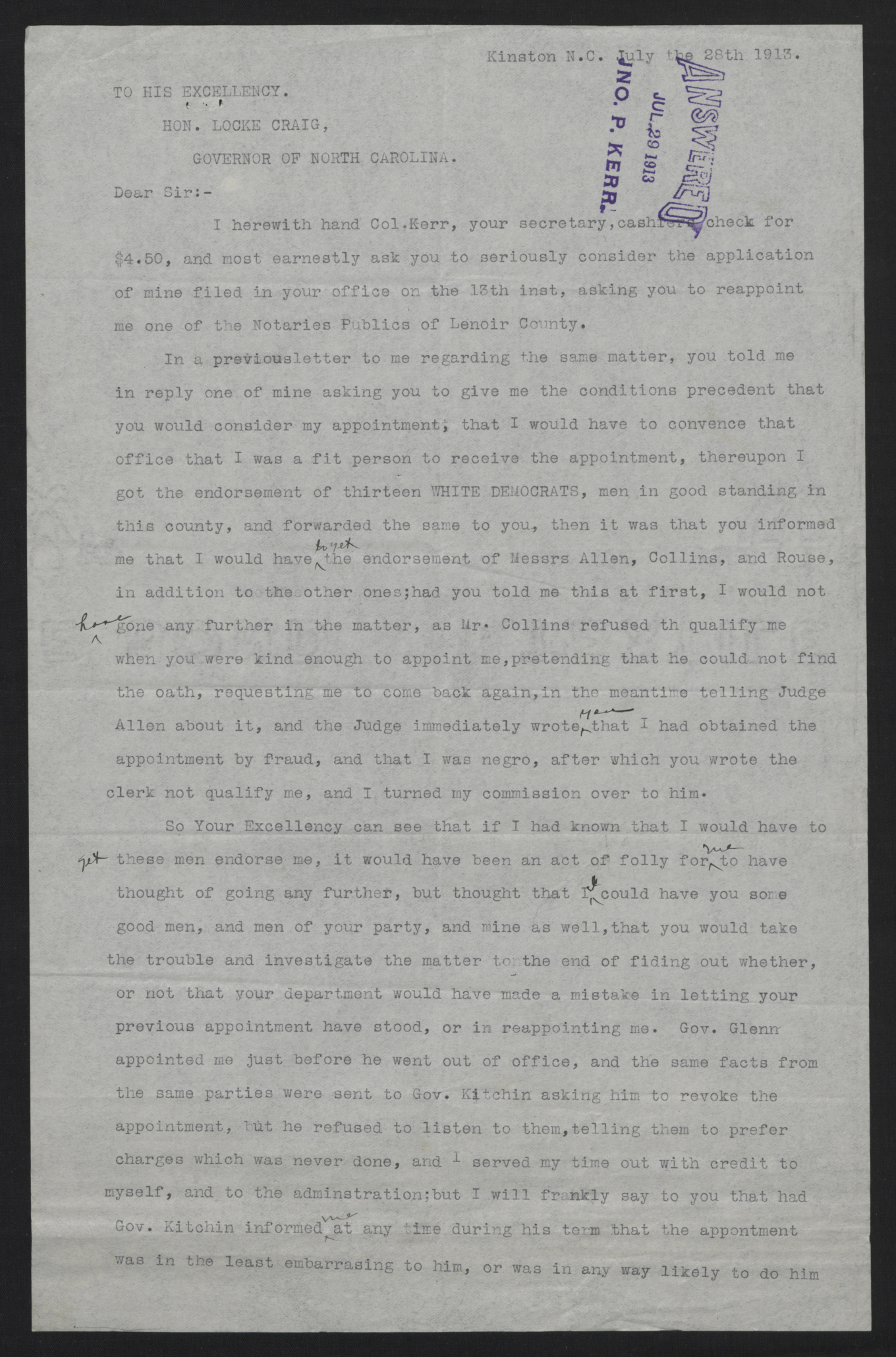 Letter from Dunn to Craig, July 28, 1913, page 1