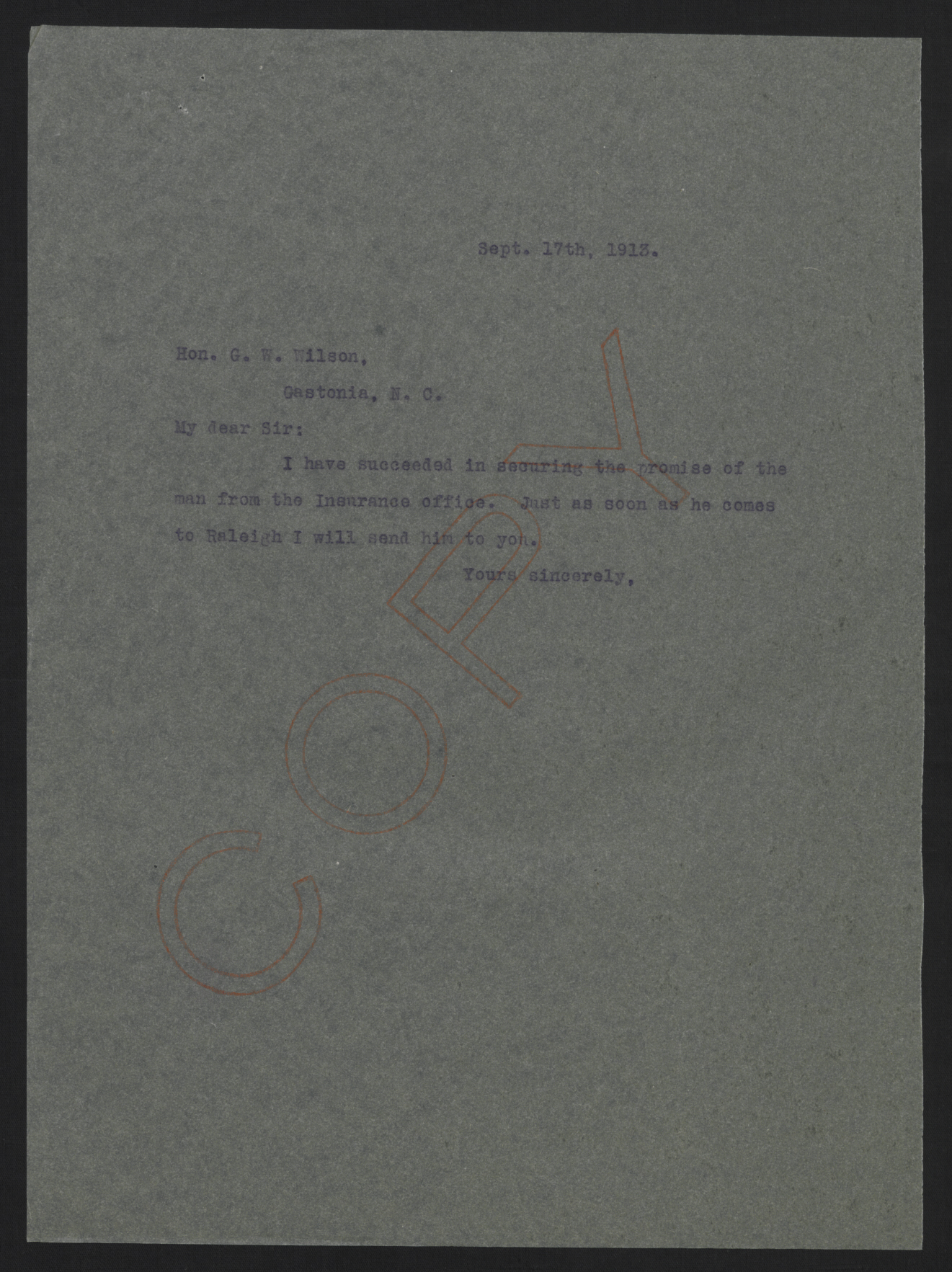 Letter from Craig to Wilson, September 17, 1913