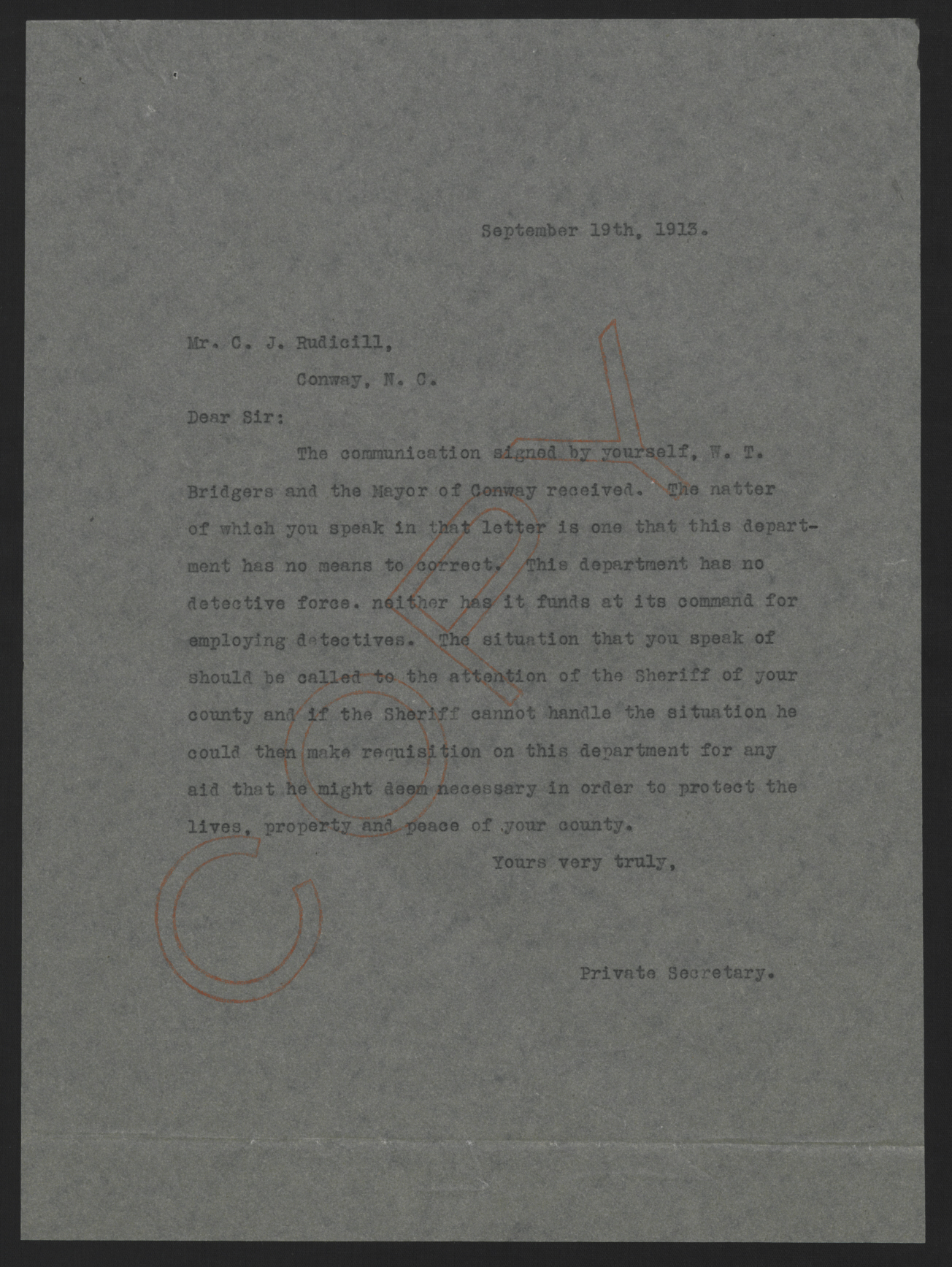 Letter from Kerr to Rudisill, September 19, 1913