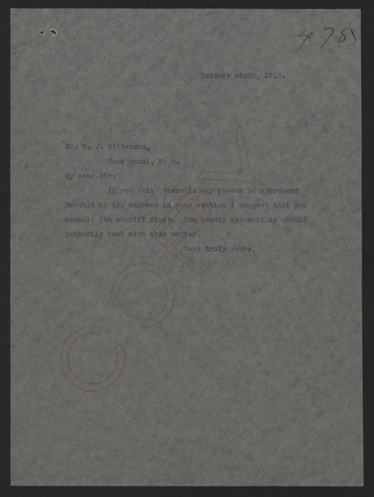 Letter from Craig to Sitterson, October 9, 1913
