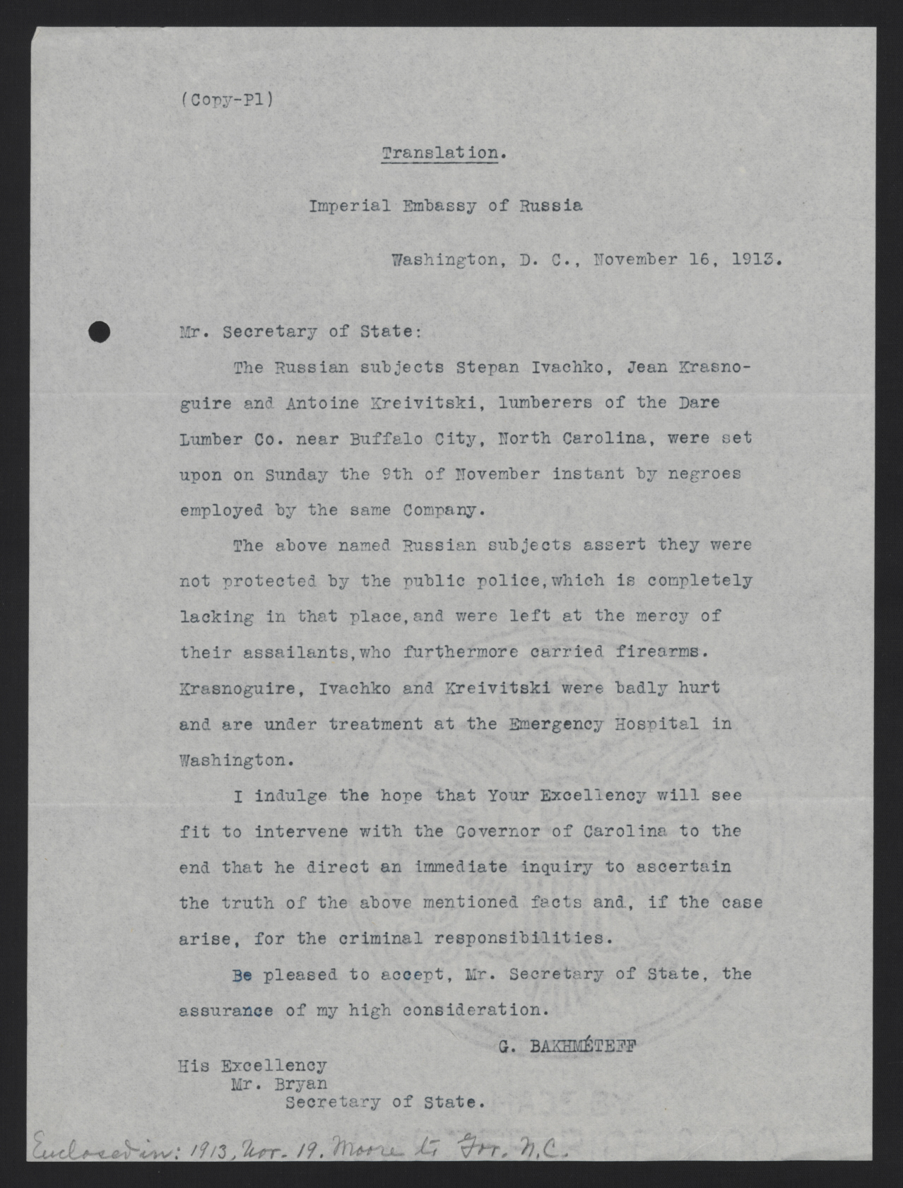 Letter from Bakhmeteff to Bryan, November 16, 1913