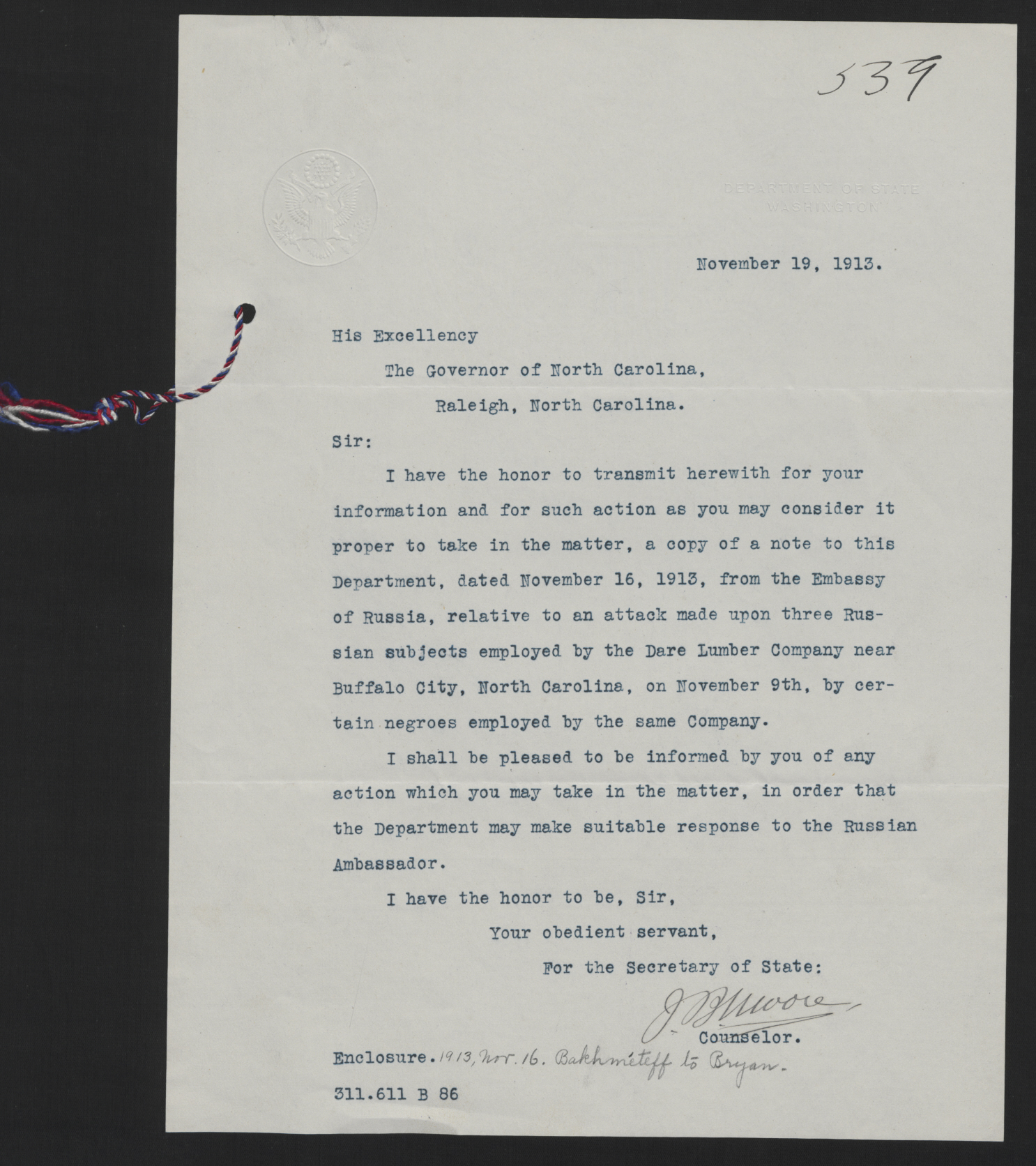 Letter form Moore to Craig, November 19, 1913