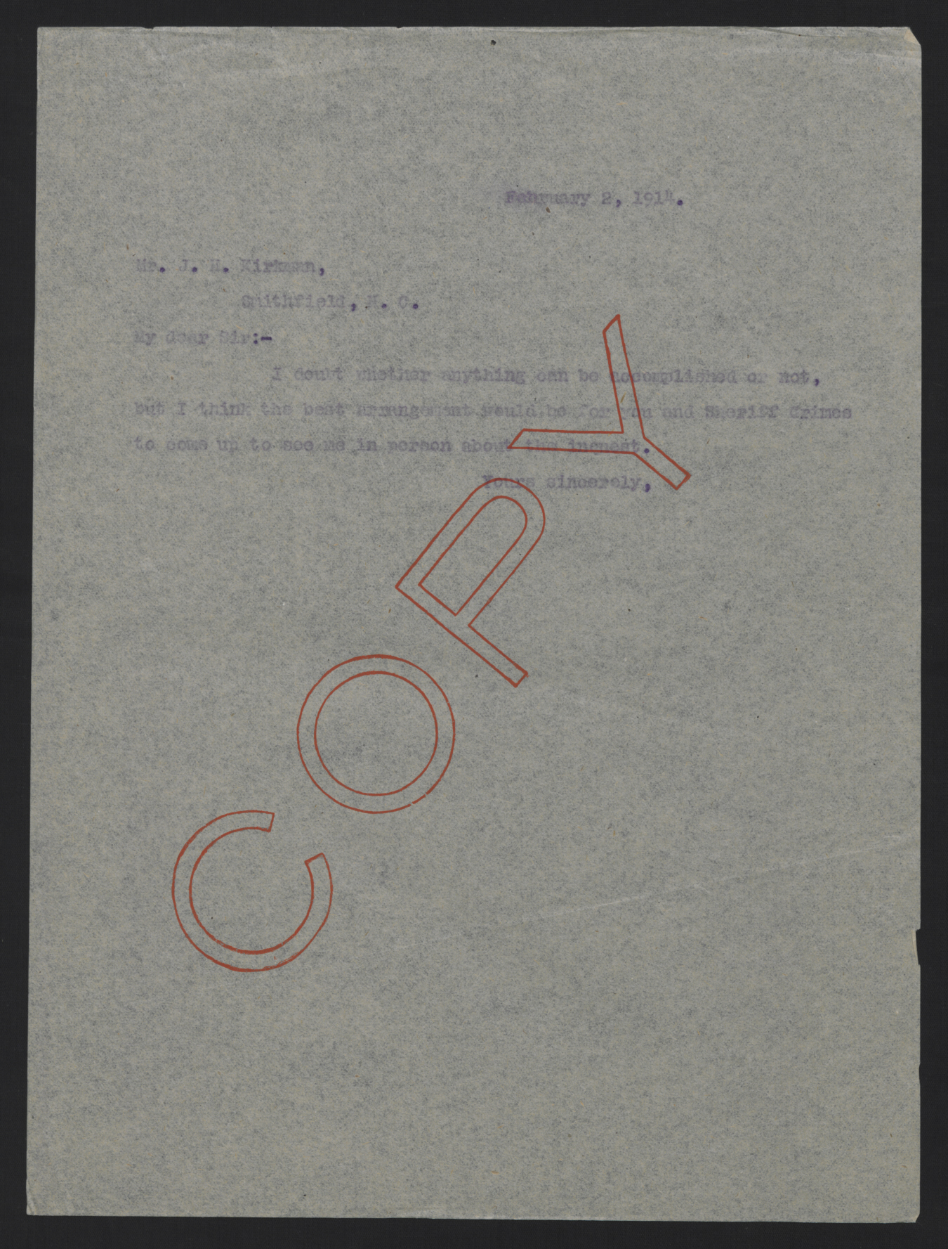 Letter from Craig to Kirkman, February 2, 1914
