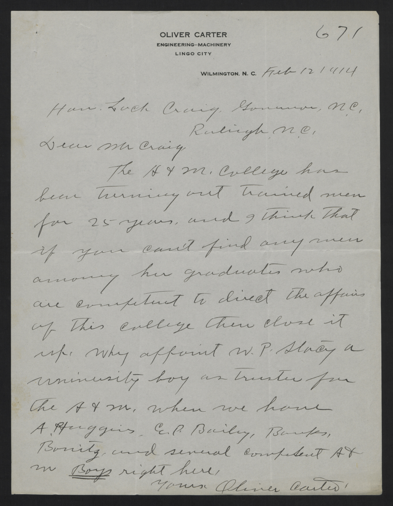 Letter from Carter to Craig, February 12, 1914