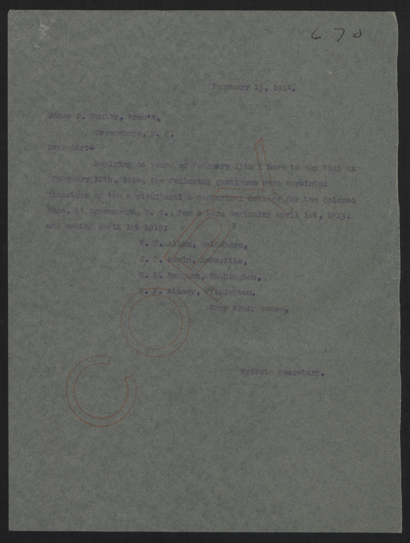 Letter from Kerr to Dudley, February 13, 1914