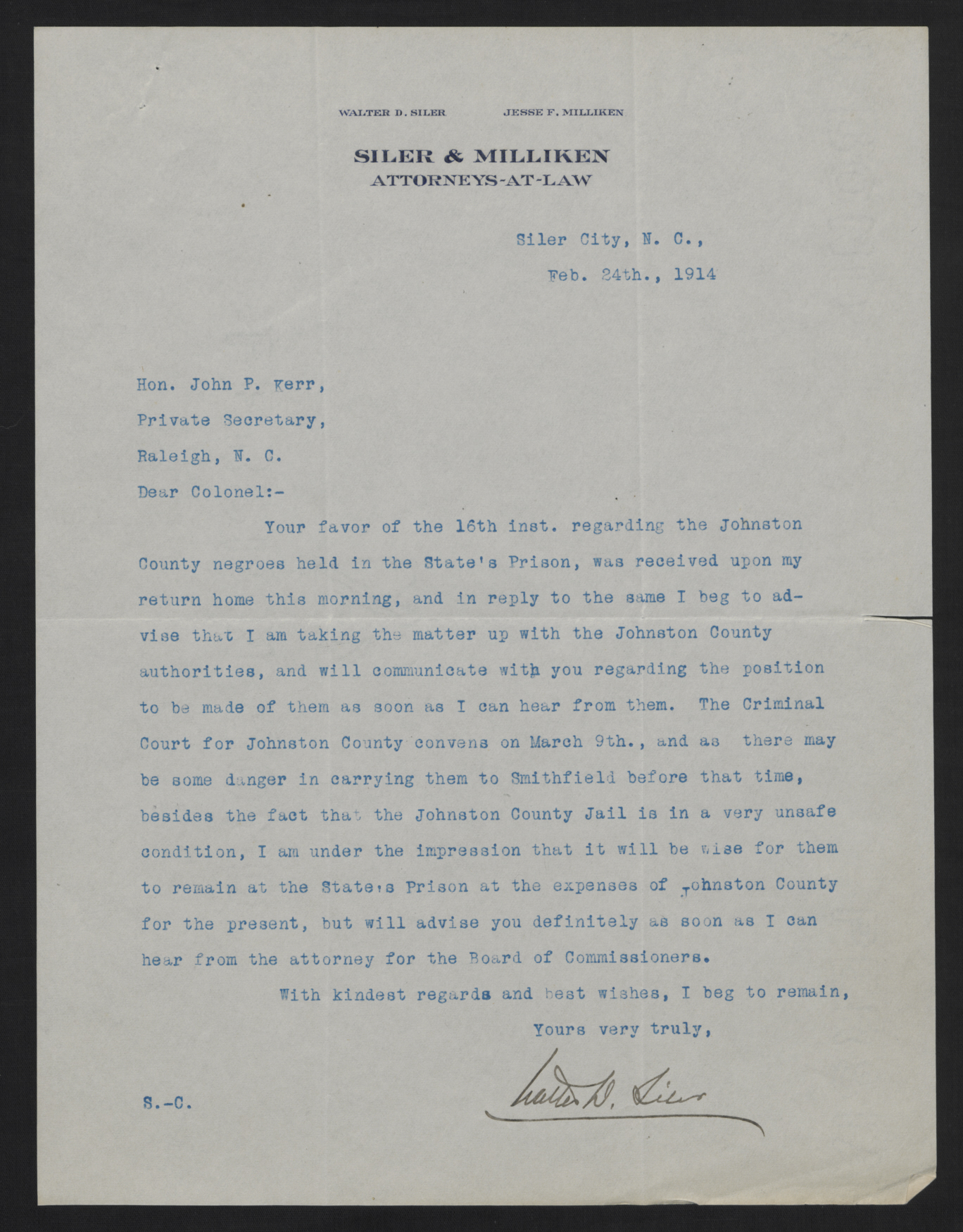 Letter from Siler to Kerr, February 24, 1914