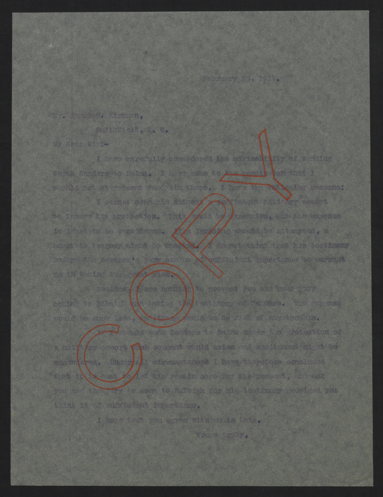 Letter from Craig to Kirkman, February 25, 1914