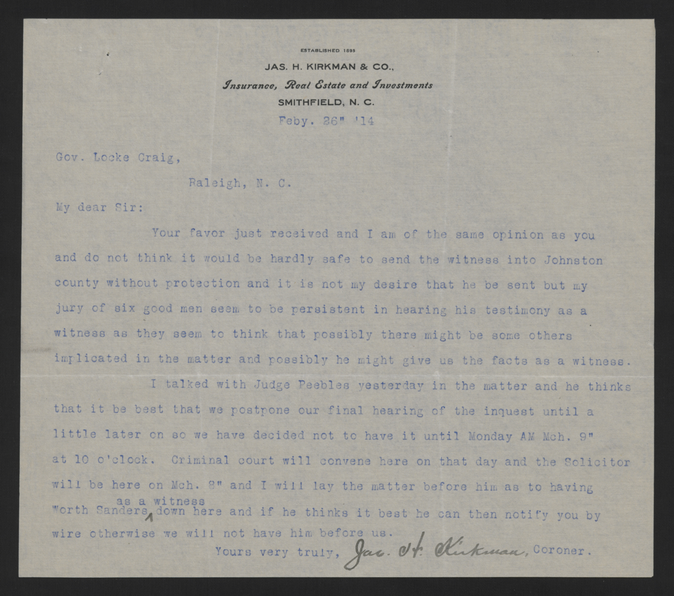 Letter from Kirkman to Craig, February 26, 1914
