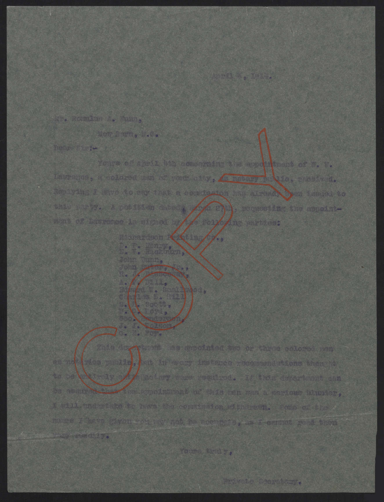 Letter from Kerr to Nunn, April 6, 1914