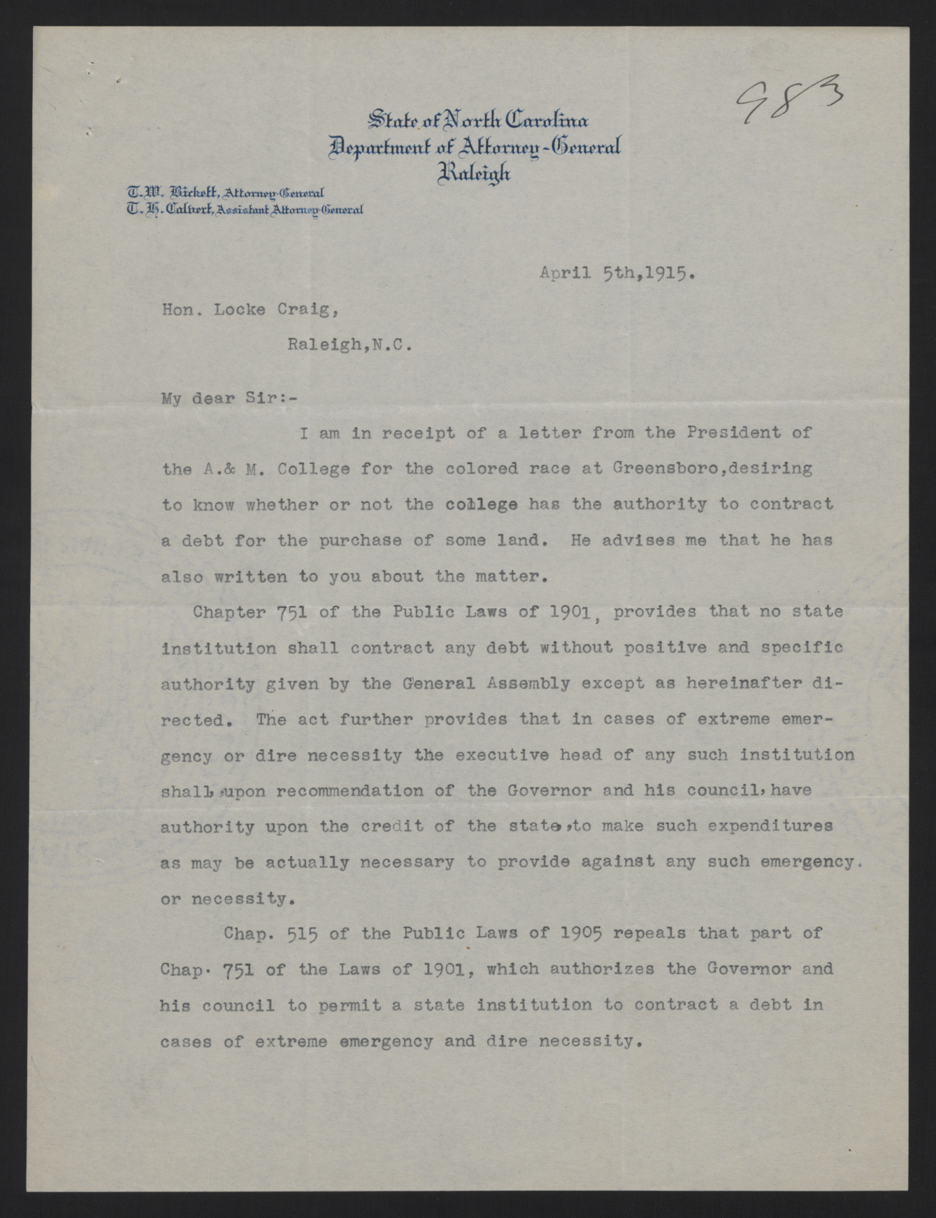 Letter from Bickett to Craig, April 5, 1915, page 1
