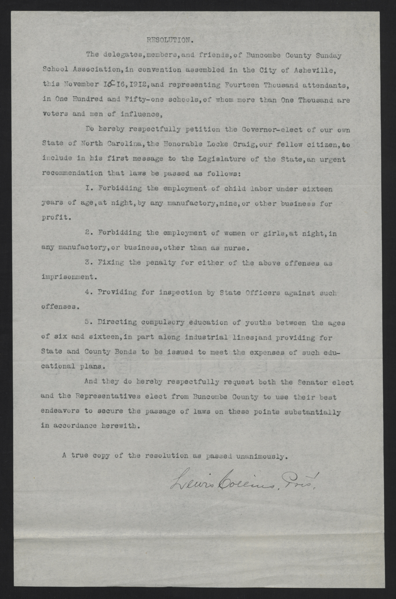 Resolution by the Buncombe County Sunday School Association, November 15-16, 1912