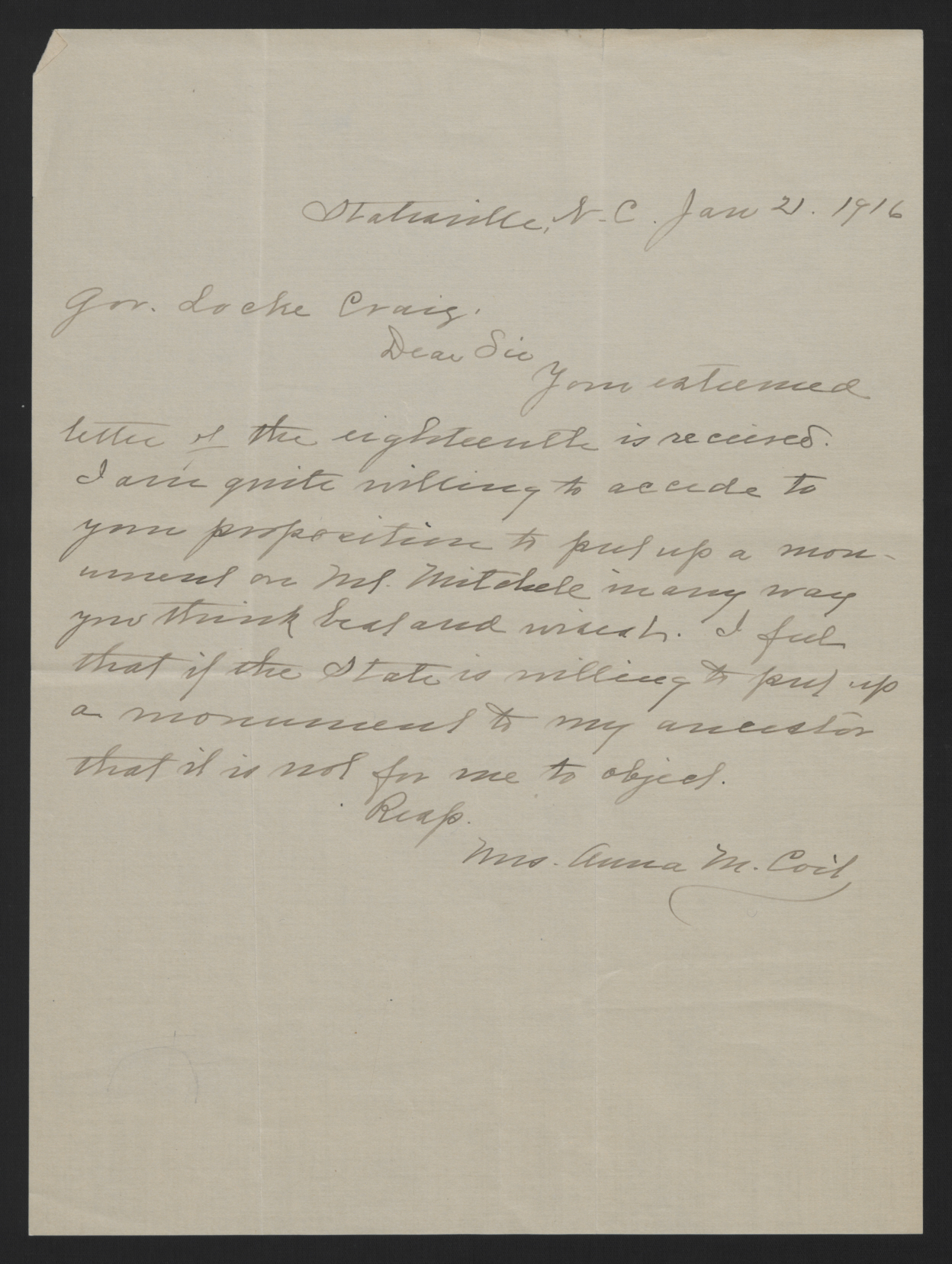 Letter from Coit to Craig, January 21, 1916