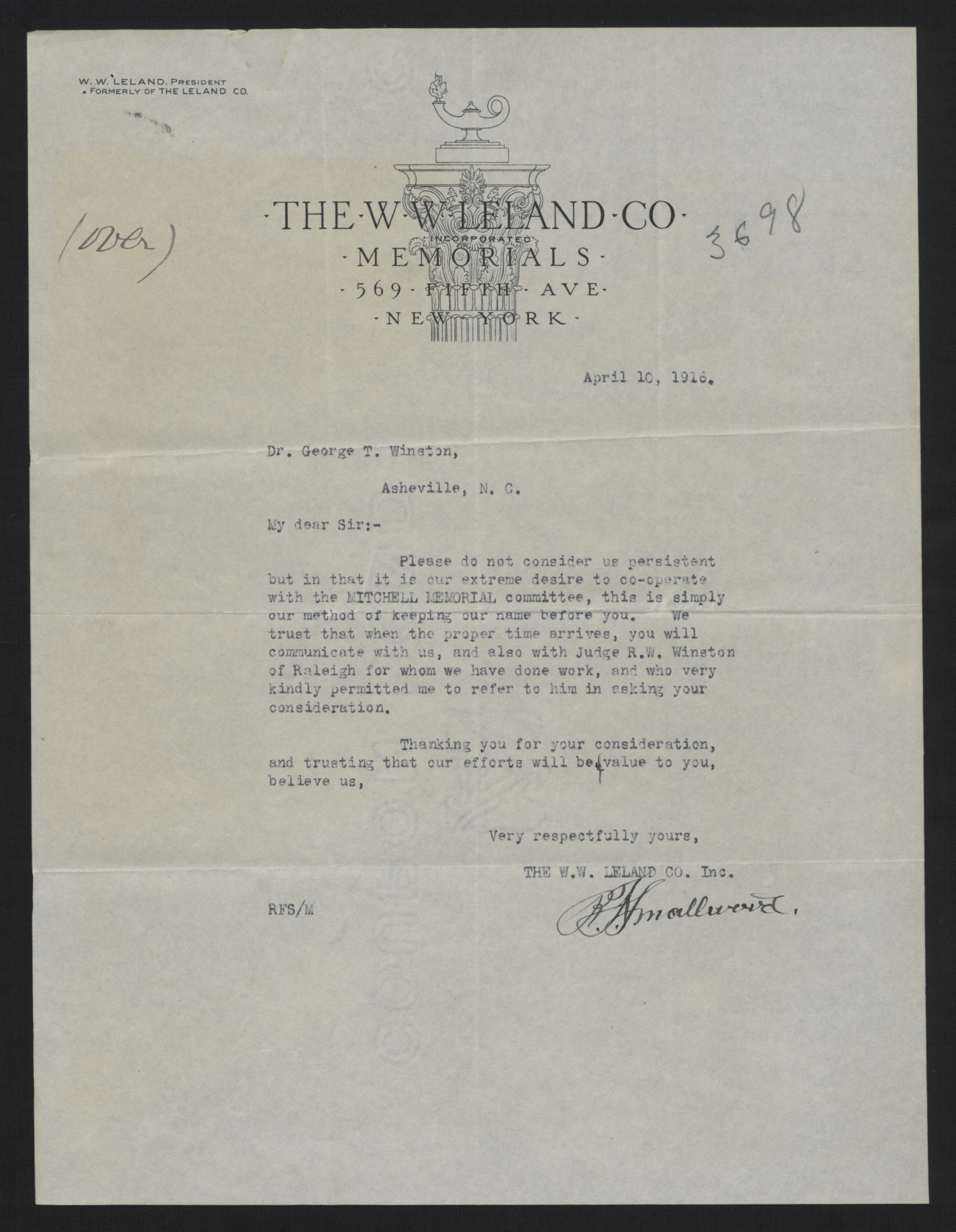 Letter from Smallwood to Winston, April 10, 1916