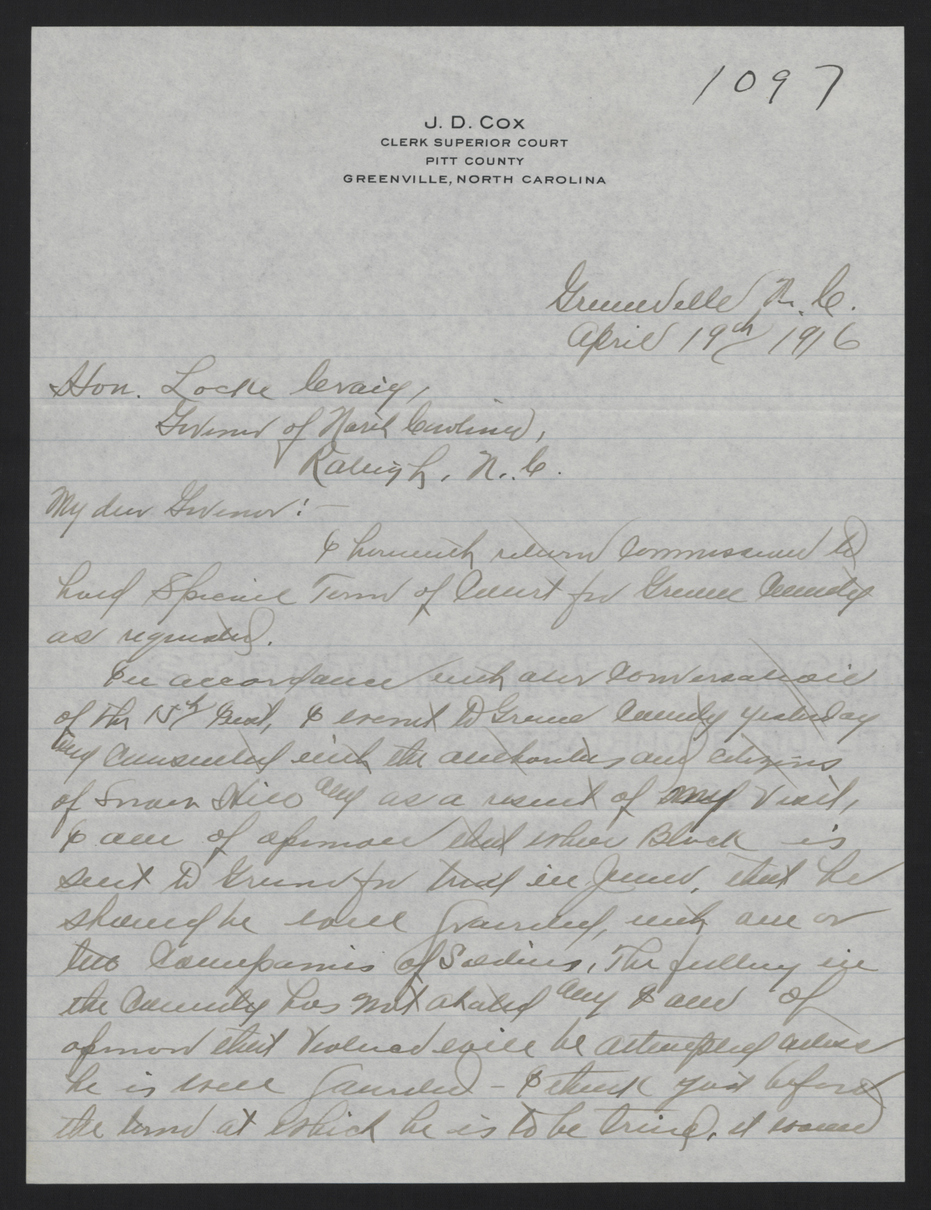 Letter from Whedbee to Craig, April 19, 1916, page 1