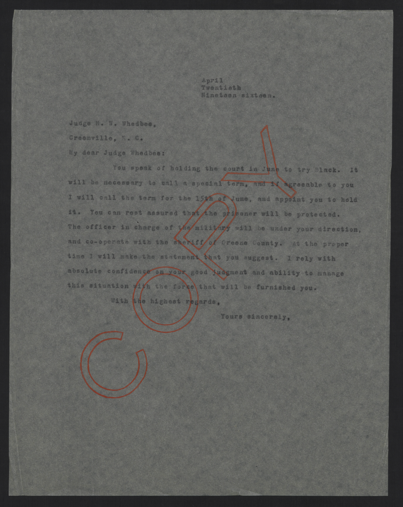 Letter from Craig to Whedbee, April 20, 1916