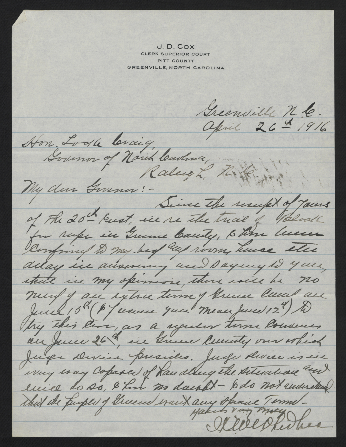 Letter from Whedbee to Craig, April 26, 1916