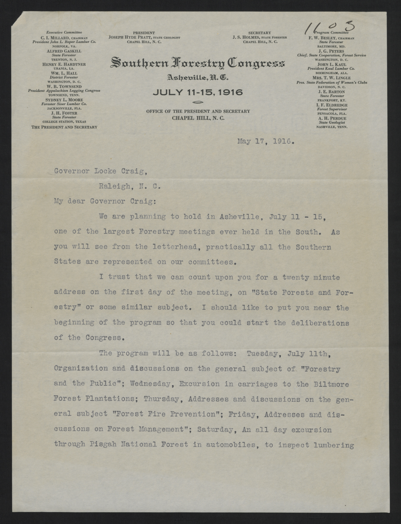Letter from Joseph Hyde Pratt and John S. Holmes to Locke Craig, May 17, 1916, page 1