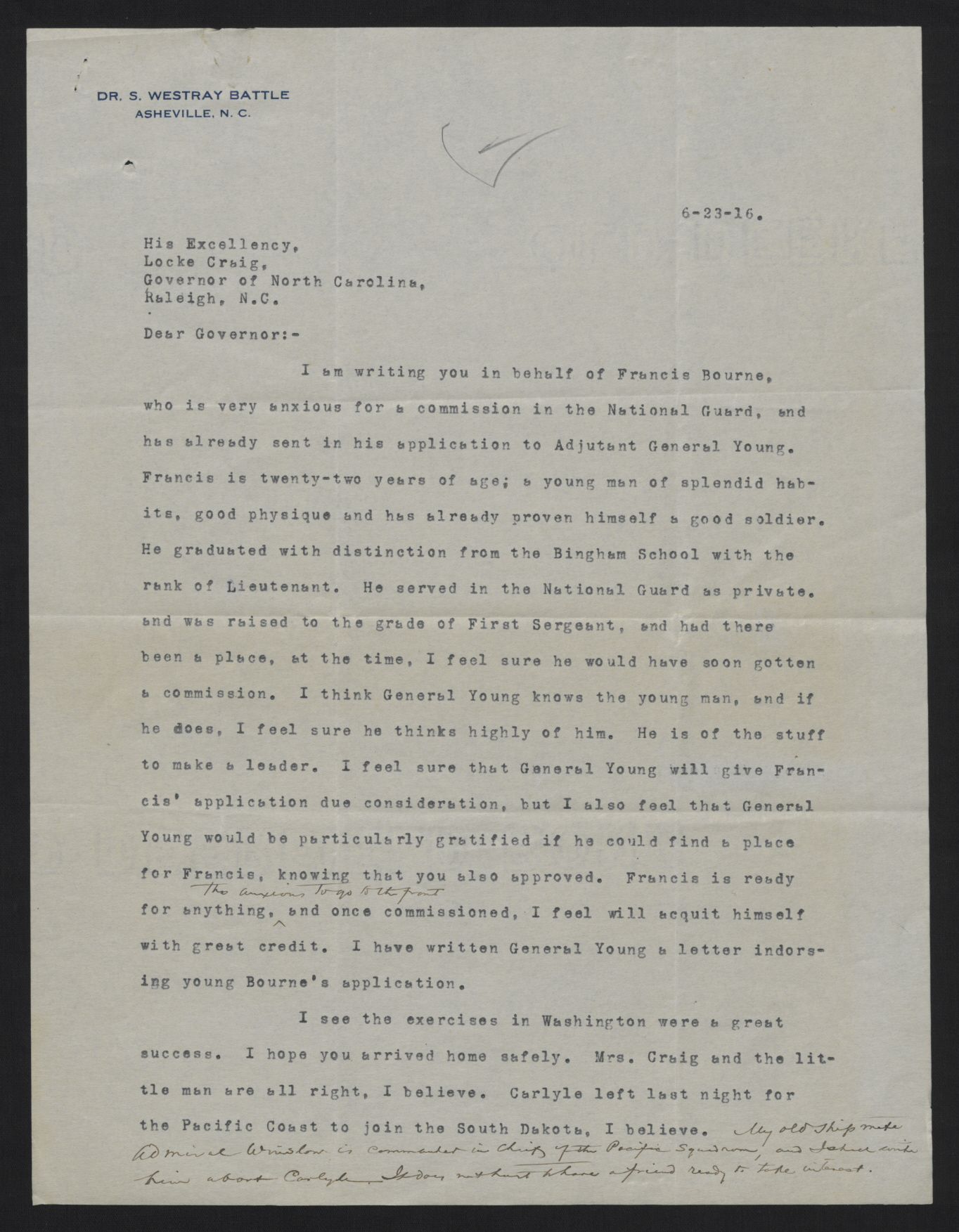 Letter from Battle to Craig, June 23, 1916, page 1