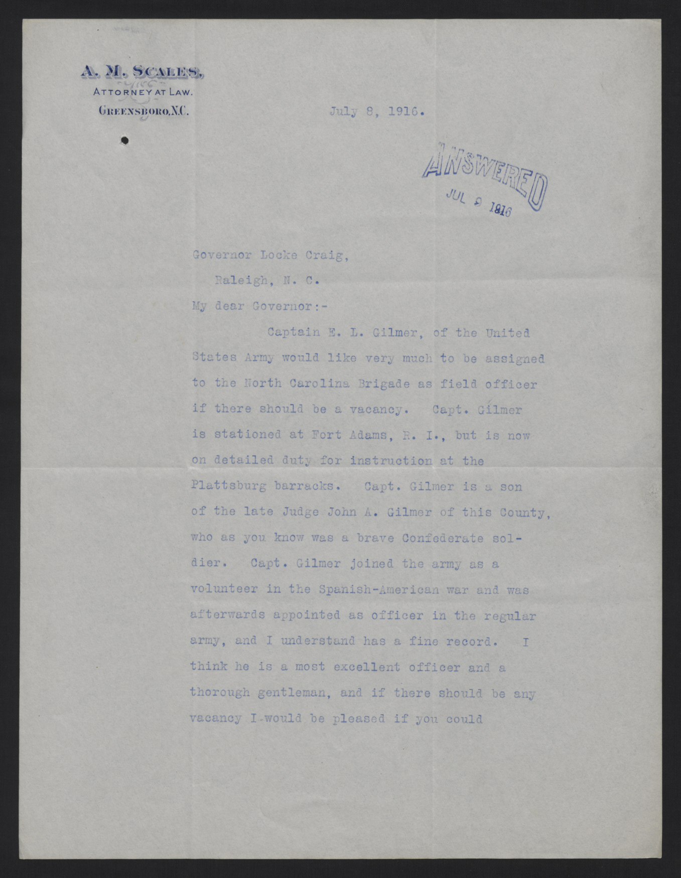Letter from Scales to Craig, July 8, 1916, page 1