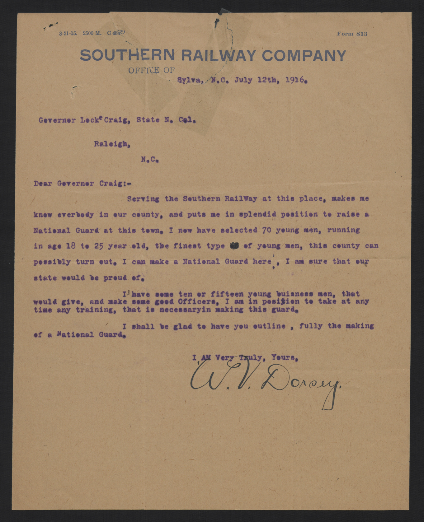 Telegram from Dorsey to Craig, July 12, 1916