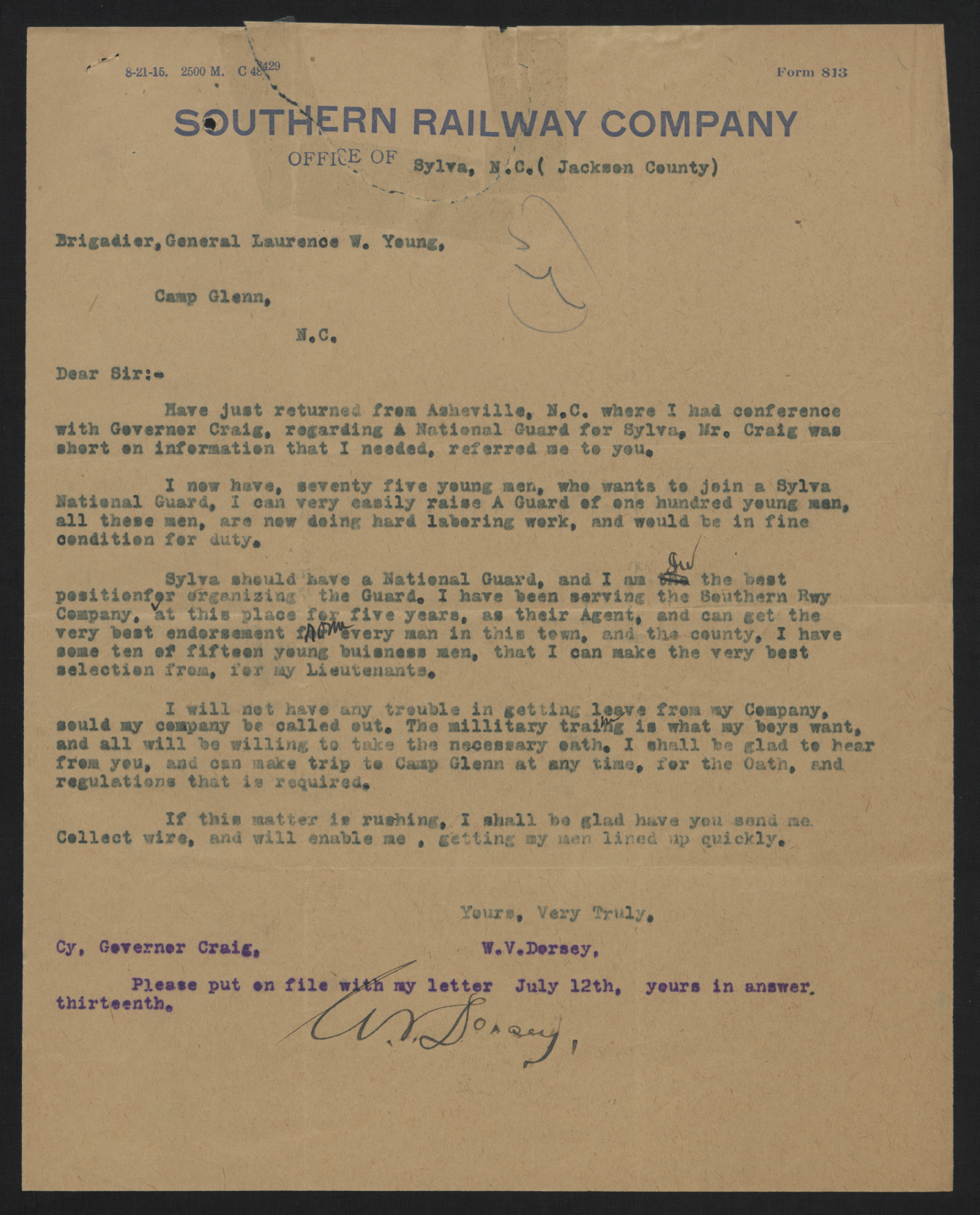 Telegram from Dorsey to Young, July 1916