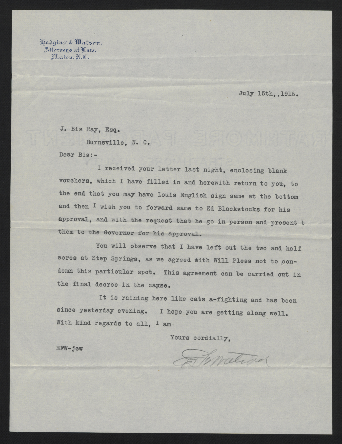 Letter from Watson to Ray, July 15, 1916