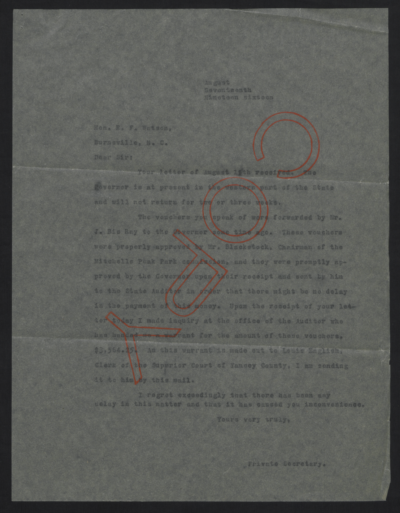 Letter from Jones to Watson, August 17, 1916
