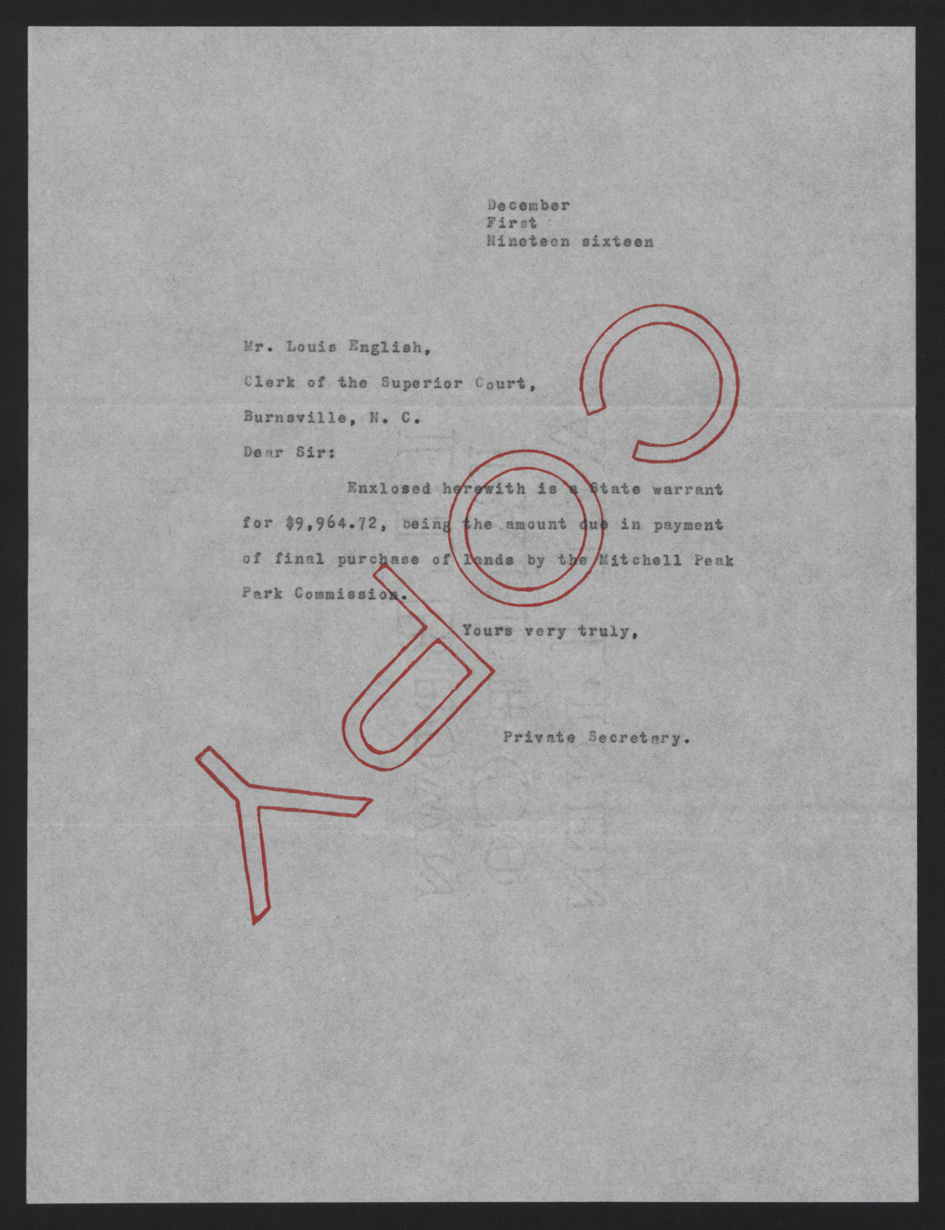 Letter from Jones to English, December 1, 1916