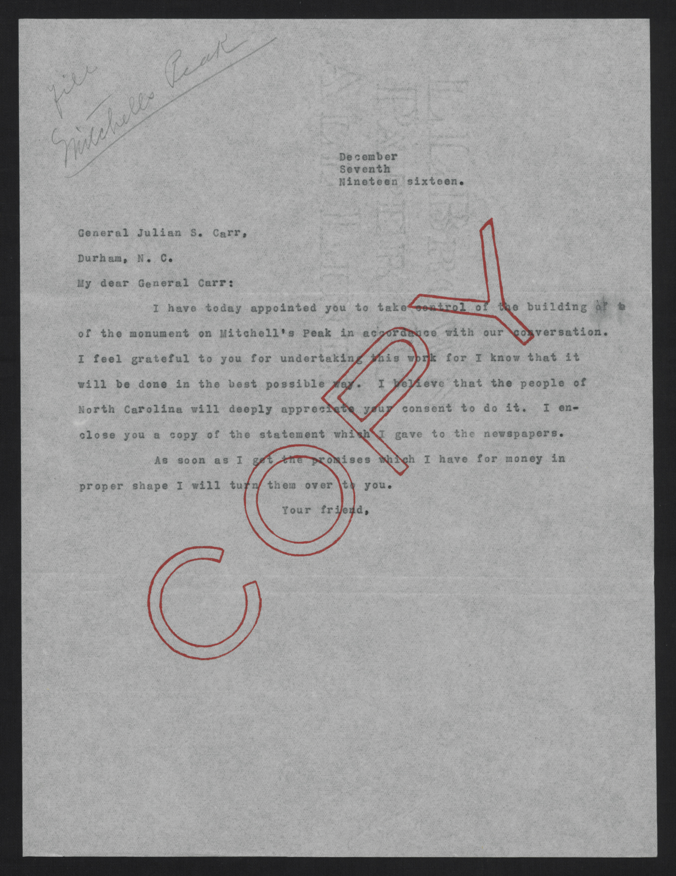 Letter from Craig to Carr, December 7, 1916