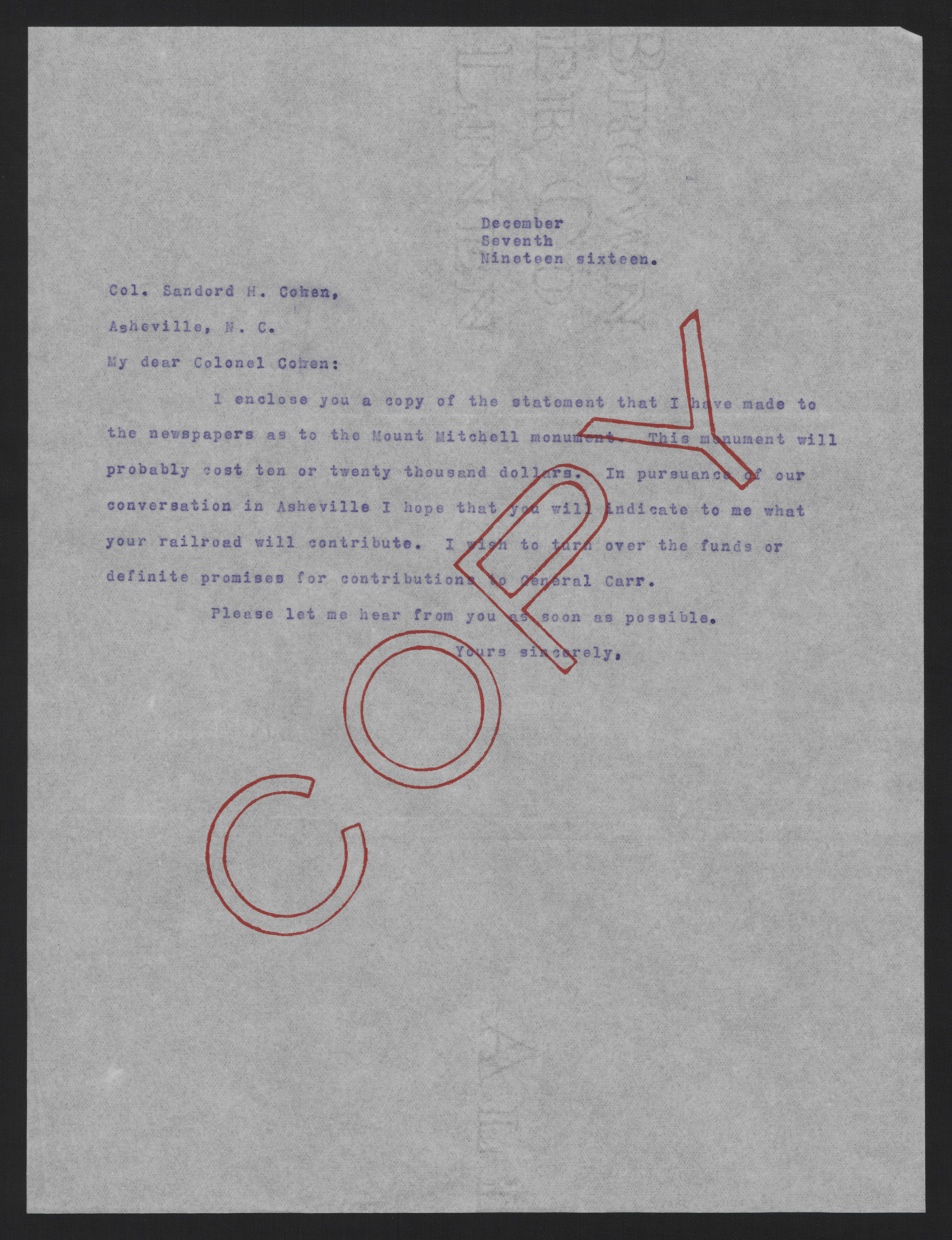 Letter from Craig to Cohen, December 7, 1916