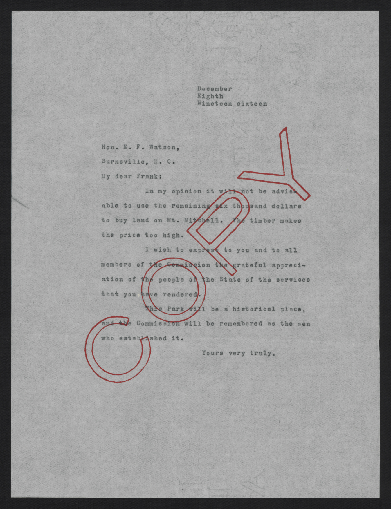 Letter from Craig to Watson, December 8, 1916