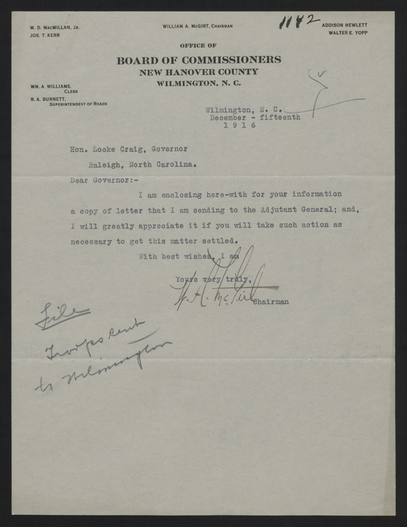 Letter from McGirt to Craig, December 15, 1916