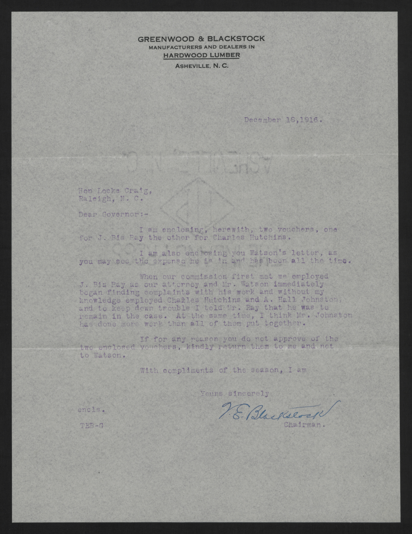 Letter from Blackstock to Craig, December 18, 1916