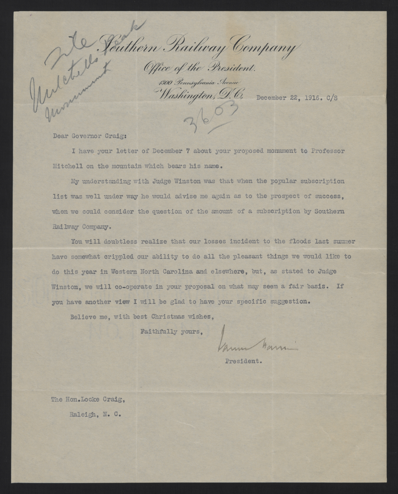 Letter from Harrison to Craig, December 22, 1916
