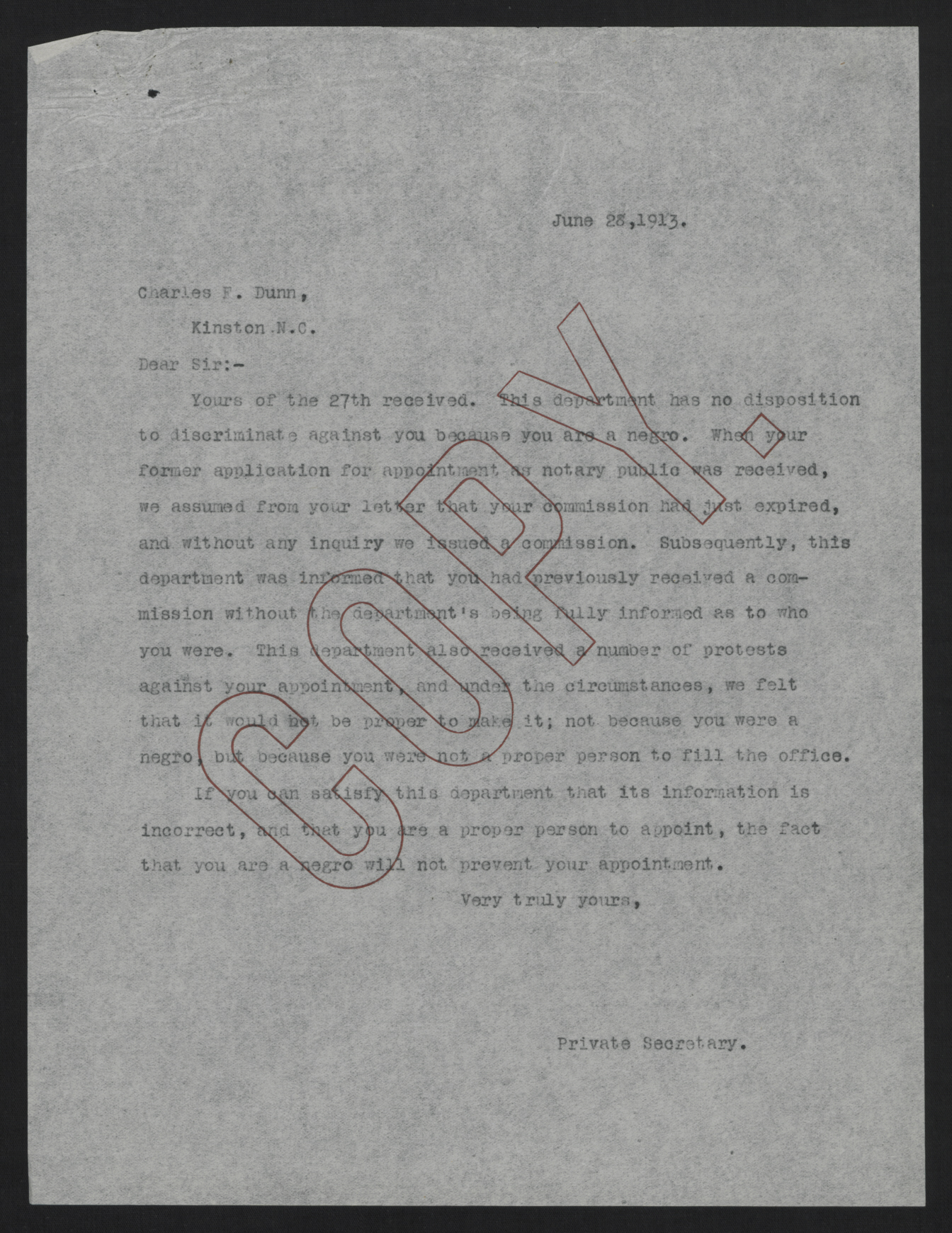 Letter from Kerr to Dunn, June 28, 1913