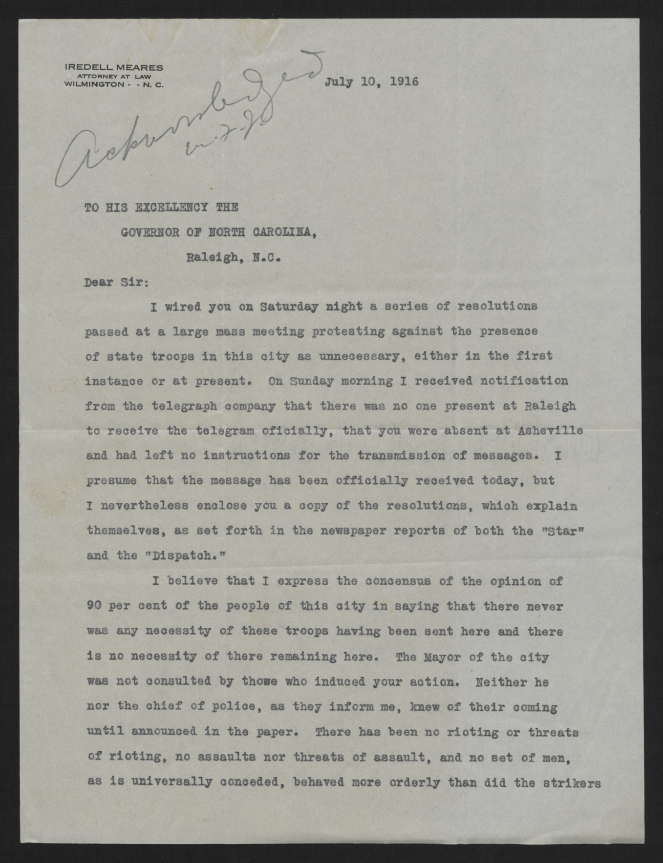 Letter from Meares to Craig, July 10, 1916, page 1
