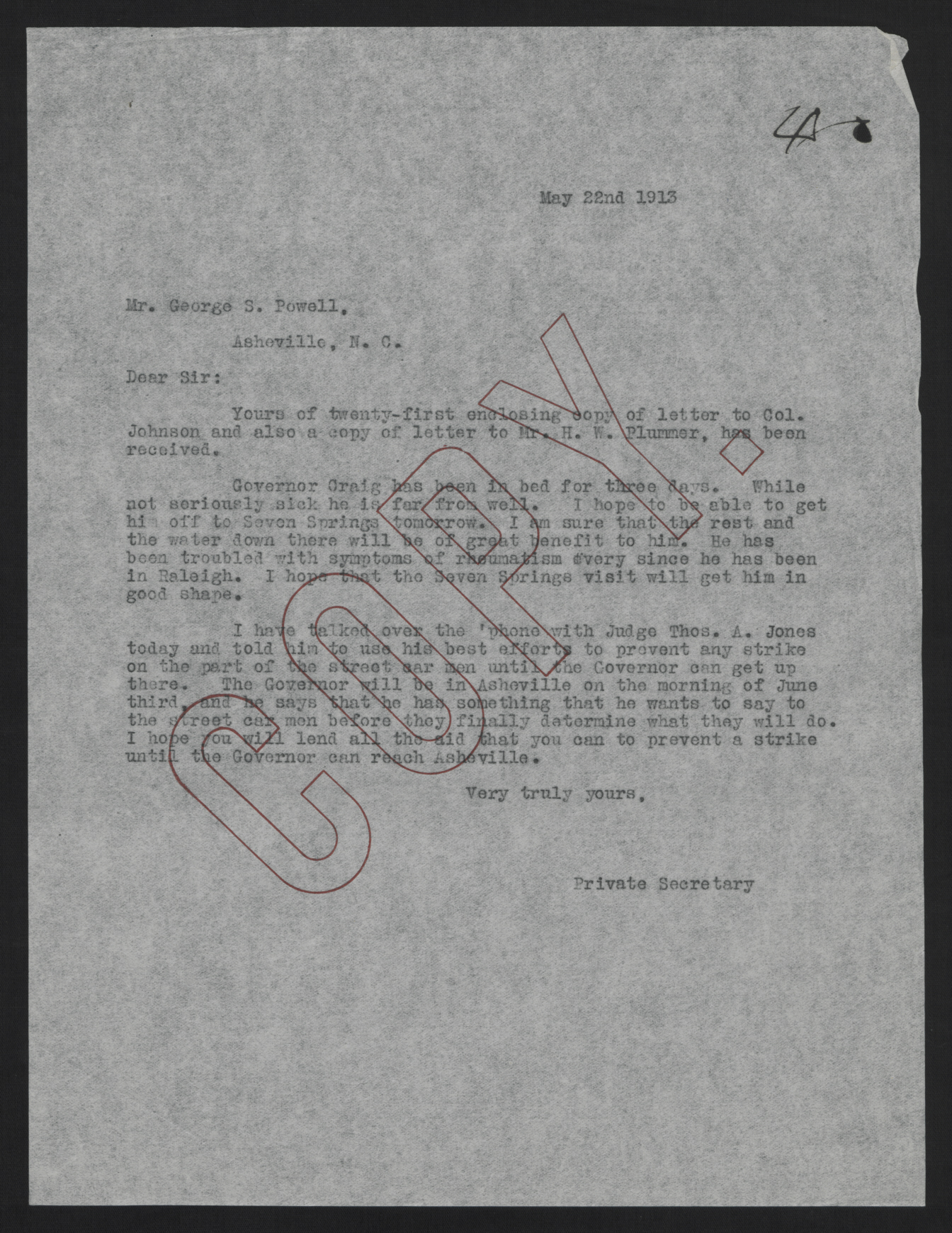 Letter from Kerr to Powell, May 22, 1913