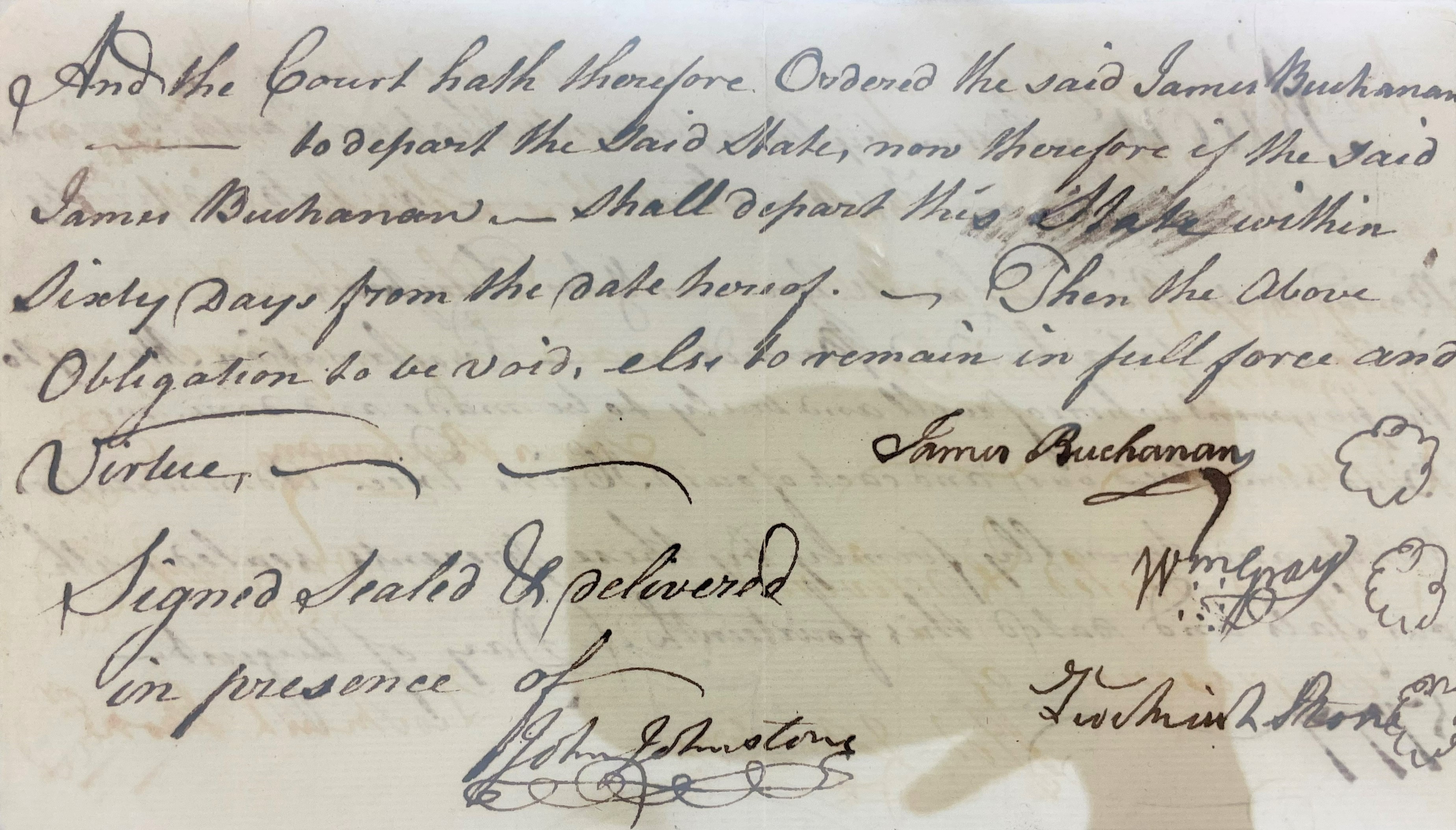 Bond from James Buchanan to Richard Caswell for James Buchanan to leave North Carolina, 14 August 1777, page 2