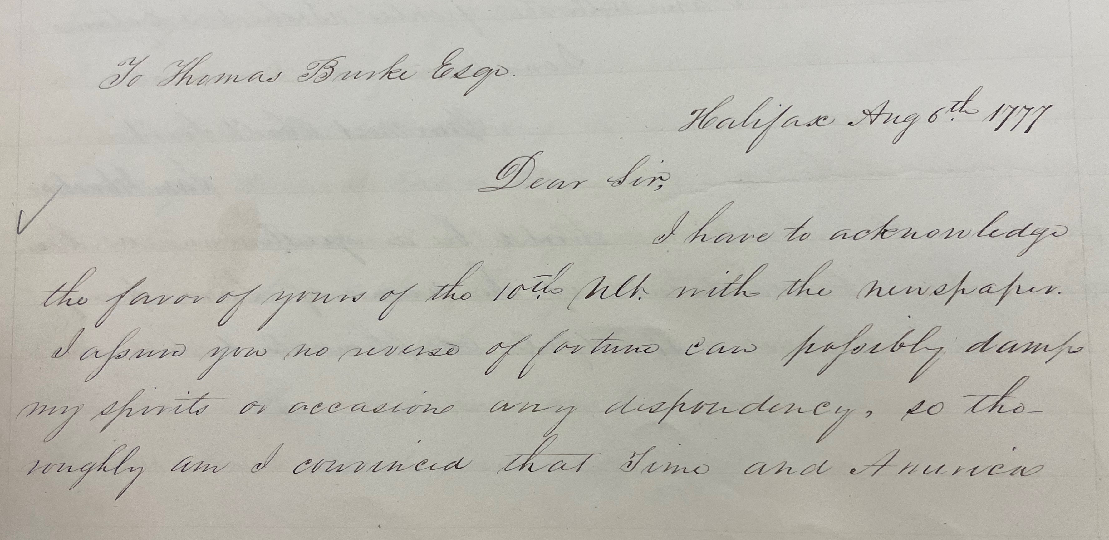 Letter from Allen Jones to Thomas Burke, 6 August 1777 page 1