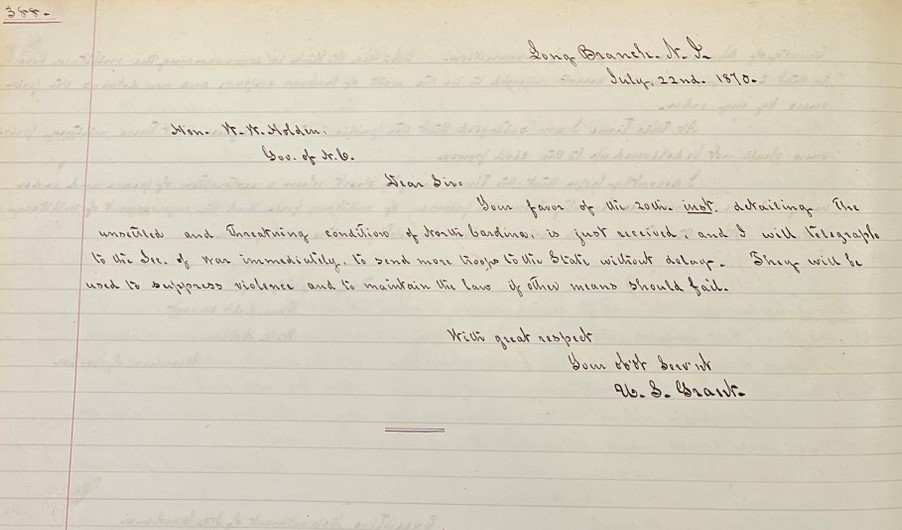 Letter from Ulysses S. Grant to Governor William Woods Holden, 22 July 1870. Picture 1