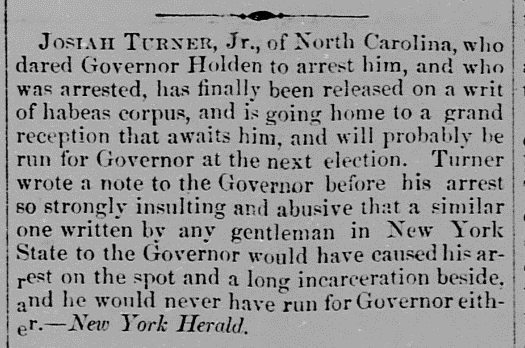 Newspaper article on Josiah Turner Jr.'s Release, 26 August 1870. Picture 1. 