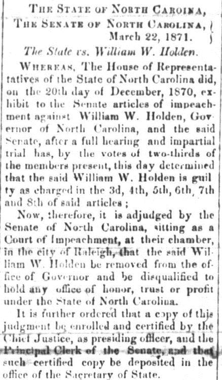 Newspaper article about William Woods Holden Impeachment, 31 March 1871. Picture 1. 