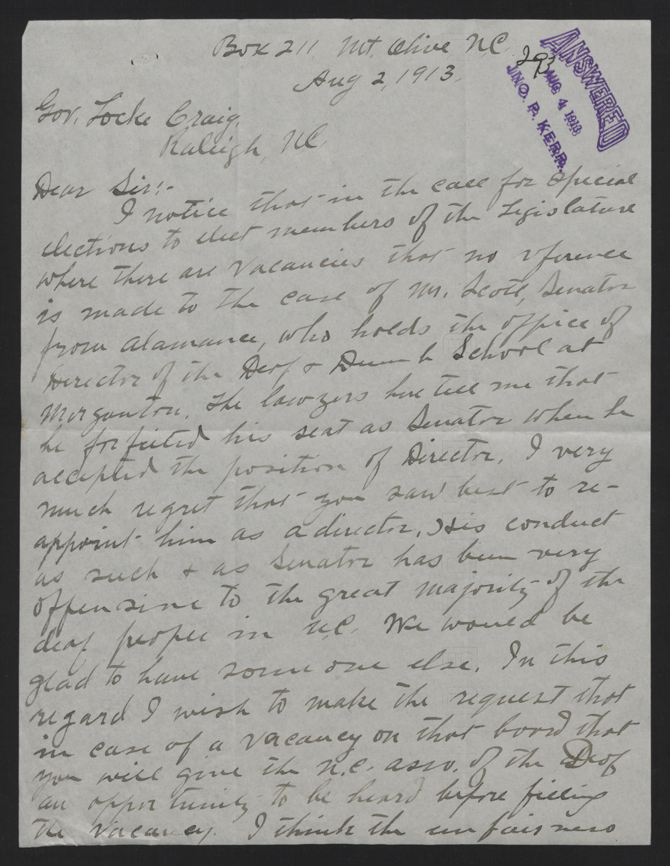 Letter from Taylor to Craig, August 2, 1913, page 1