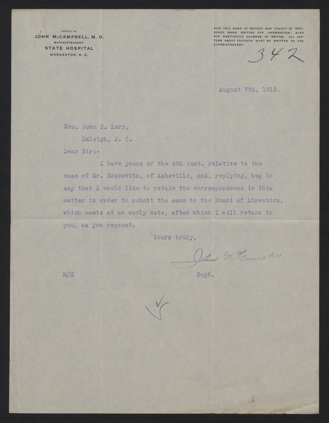 Letter from McCampbell to Kerr, August 7, 1913