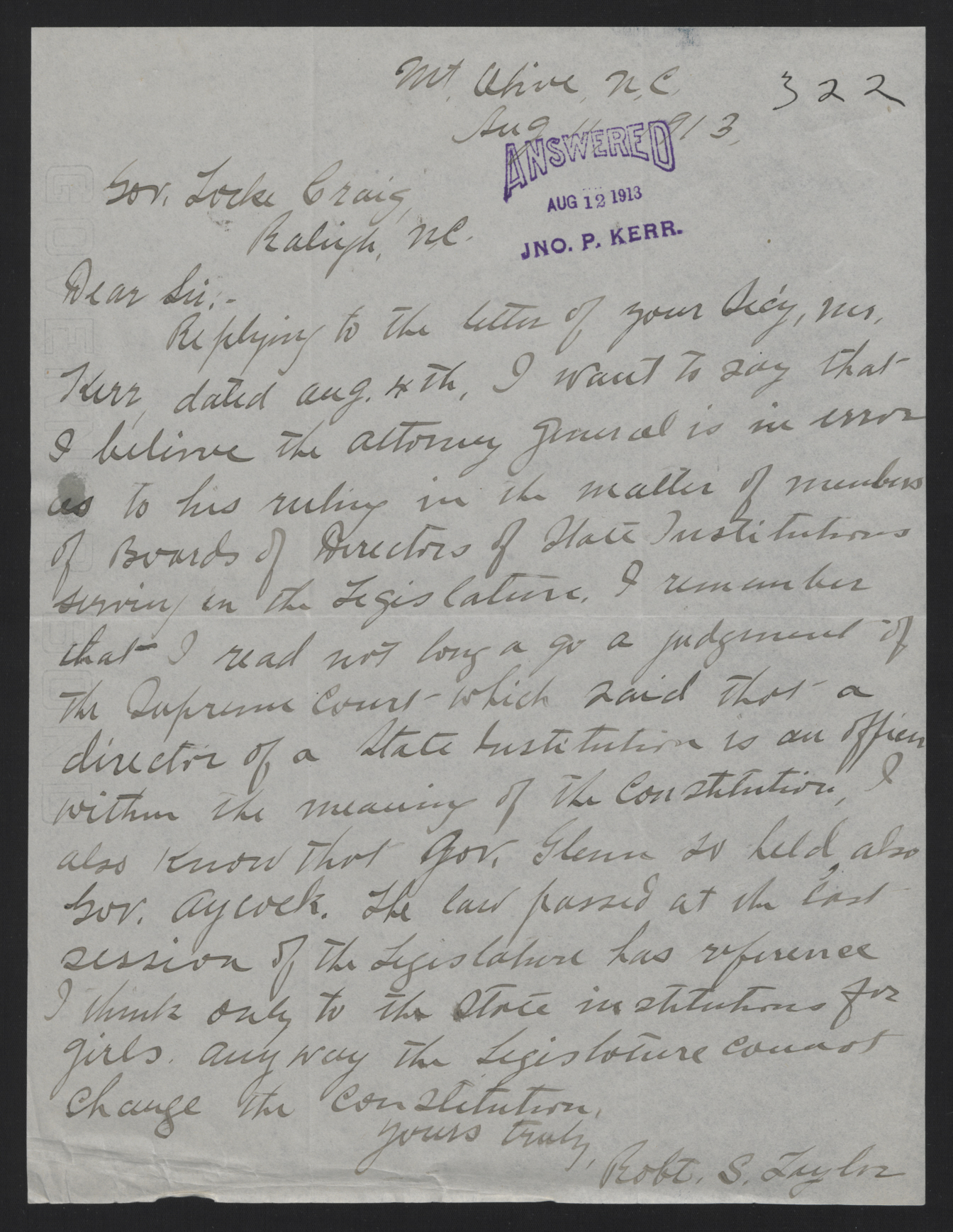 Letter from Taylor to Craig, August 11, 1913